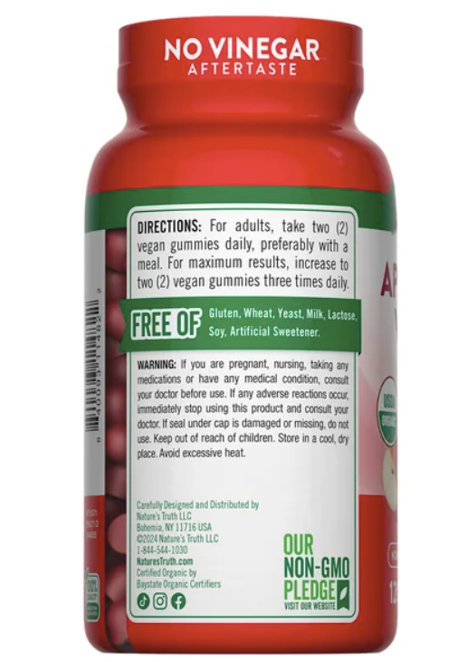 Vinagre de sidra de manzana orgánico USDA Nature's Truth 500 mg, 120 gomitas