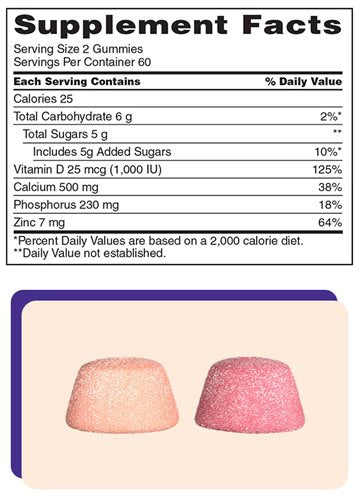 Kirkland Signature Calcio 500 mg con D3 y zinc, 240 gomitas para adultos