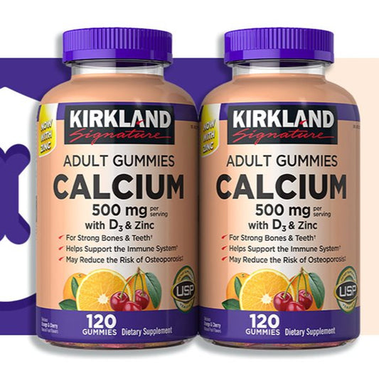 Kirkland Signature Calcio 500 mg con D3 y zinc, 240 gomitas para adultos